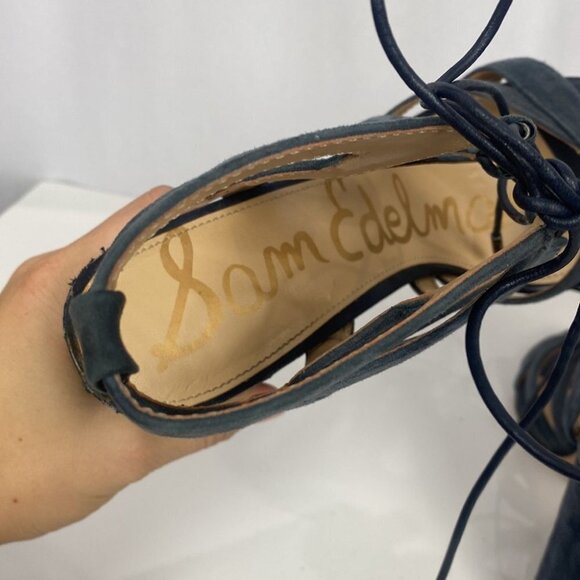SAM EDELMAN Yardley Inky Black Blue SUEDE Strappy Lace-Up Block Heel - Size 7.5 - Picture 10 of 12